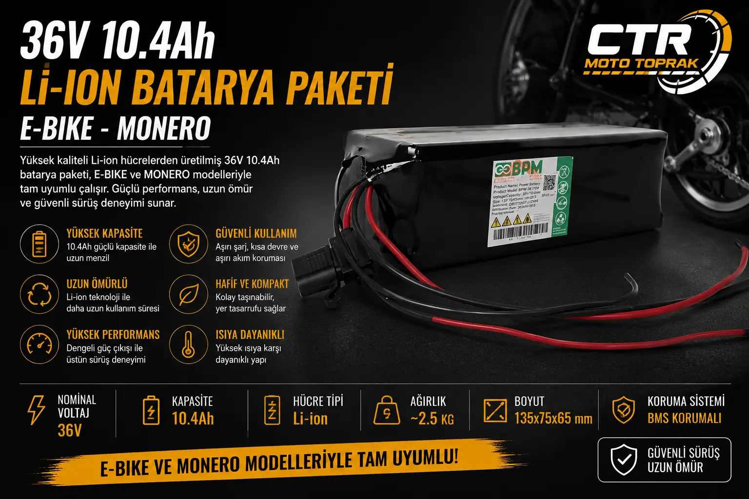 36 VOLT 10.4 Ah LI-ION BATARYA PAKETİ - E BIKE - MONERO