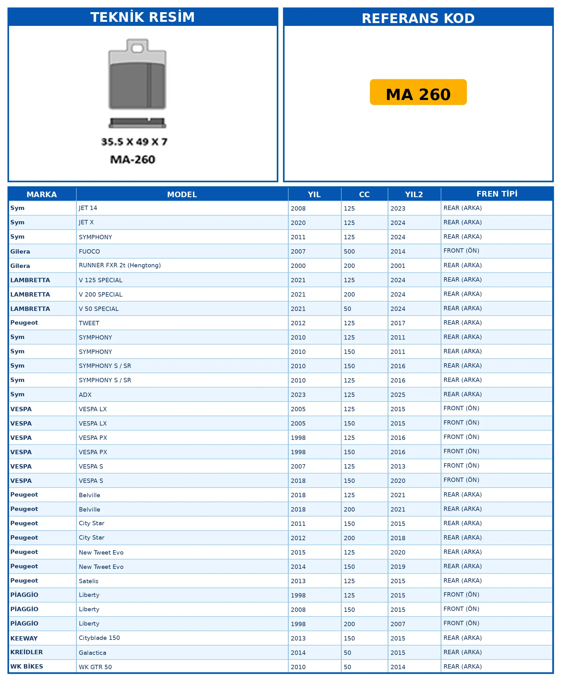 DİSK FREN BALATASI MA 260