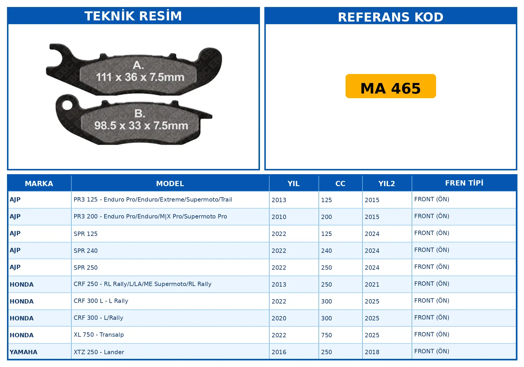 DİSK FREN BALATASI MA 465