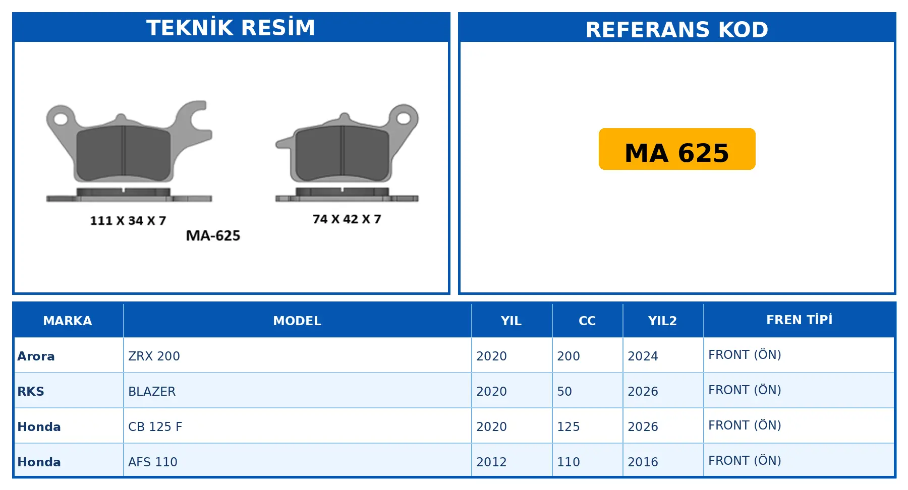 DİSK FREN BALATASI MA 625