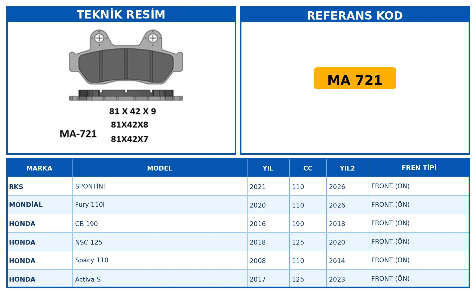 DİSK FREN BALATASI MA 721