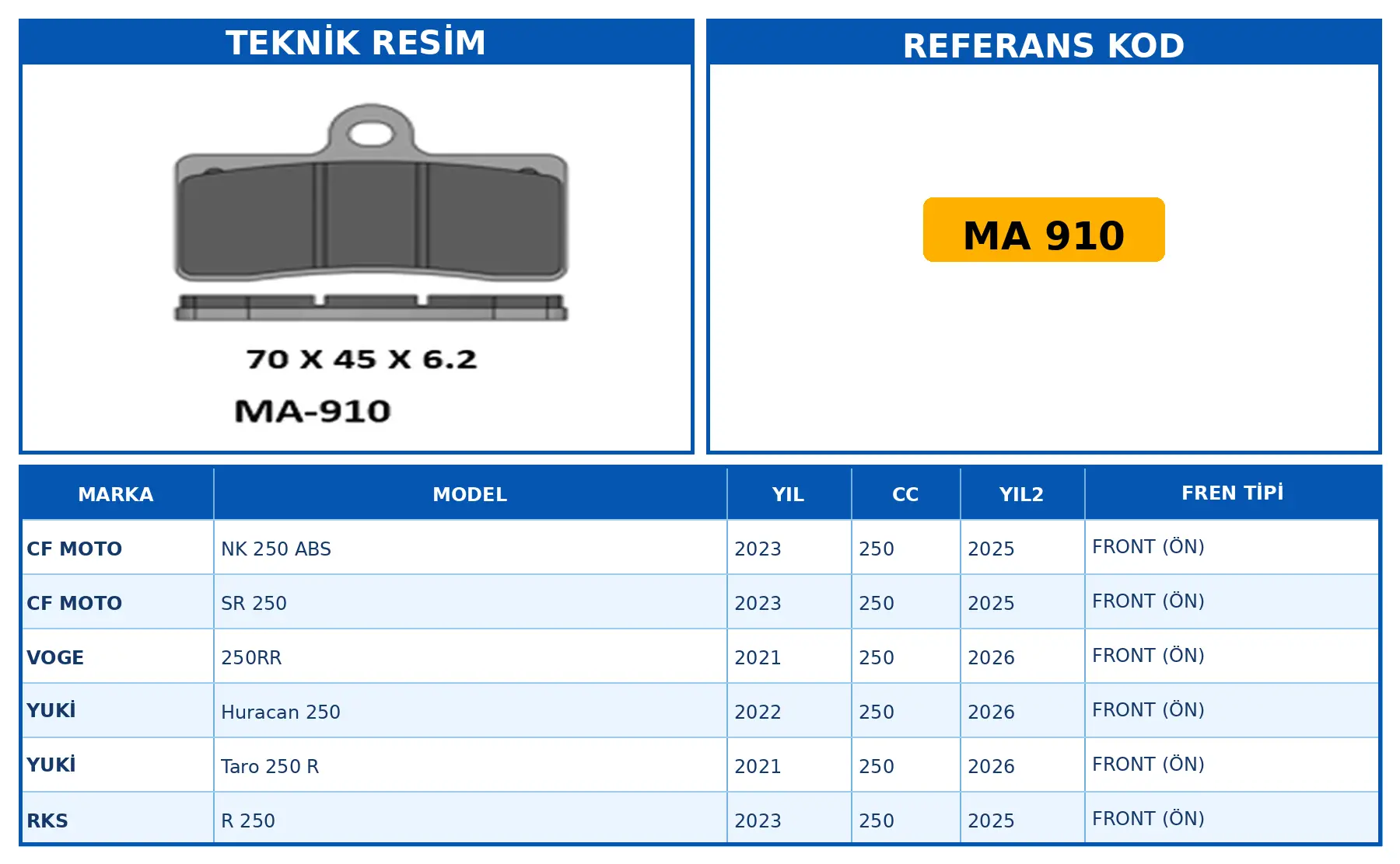 DİSK FREN BALATASI MA 910